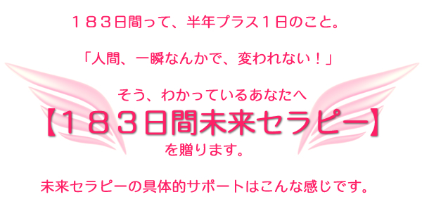 183日間って、半年プラス1日のこと。「人間、一瞬なんかで、変われない！」そう、わかっているあなたへと、【183日間未来セラピー】を贈ります。【未来セラピー】具体的サポートはこんな感じです。